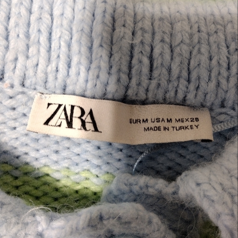 Zara Embroidered Floral Striped Sweater Women's M Blue Green Cottagecore Preppy - Picture 8 of 9